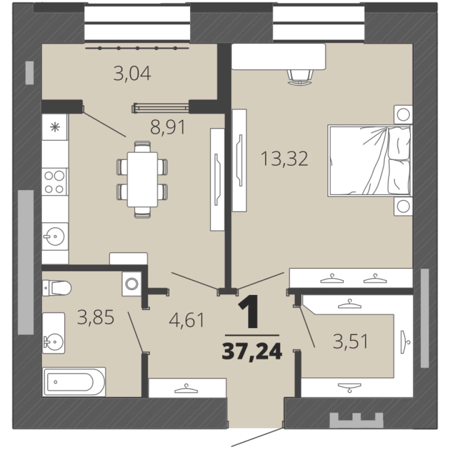 1-ая квартира площадью 37,24 м2 в комфортном ЖК